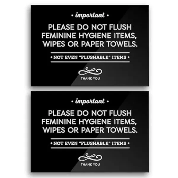Reilly Originals 3.5x5 Inch Do Not Flush Feminine Hygiene Items, Wipes, Paper Towels Designer Bathroom Sign ~ Ready to Stick or Lean ~ Premium Finish, Durable (2)