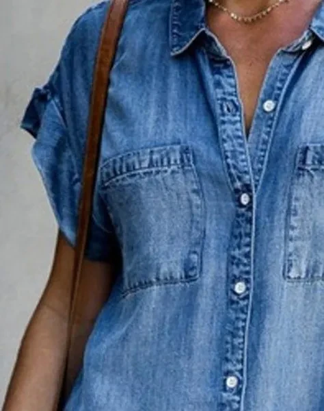 Women Fashion Short Sleeve Denim Blue Long Tops V Neck Shirt Dress Denim Dress Plus SizeXS- 5XL