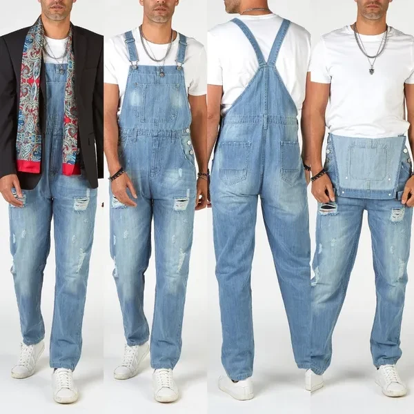 Vintage Lmitation Denim Jeans Men Overalls Button Solid Autumn/Winter Polyester