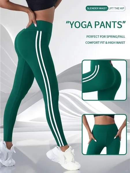 Women'S High Waist Side Striped Yoga Pants, Breathable Sweat-Wicking Sports Leggings for Outdoor Running, Indoor Fitness & Yoga, Butt Lifting Tummy Control, Polyester 92% Elastane 8%, All-Season Knit 