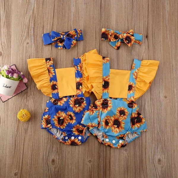 Newborn Infant Baby Girl Sunflower Romper Jumpsuit 2Pcs Outfit Clothes