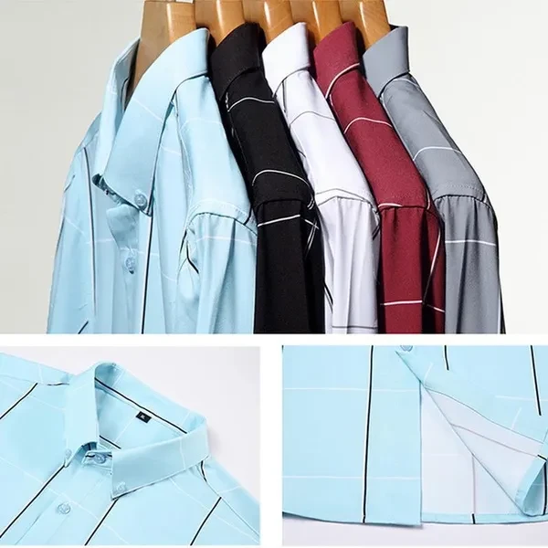 Fashion Men Plaid Shirts Pure Color Cotton Business Long Sleeved Shirts 5 Colors