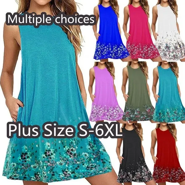 Plus Size S-6XL Summer Women Casual Round Neck Floral Printed Loose Sleeveless Beach Tank Top Holiday A-line Pocket Dresses Sexy Short Club Party Mini Halter Midi Dresses Robe Knee Length Pleated Skir