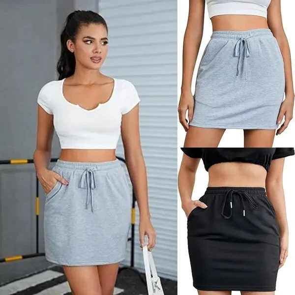 Women Casual High Waist A-line Mini Skirt Drawstring Workout Skirt with Pocket