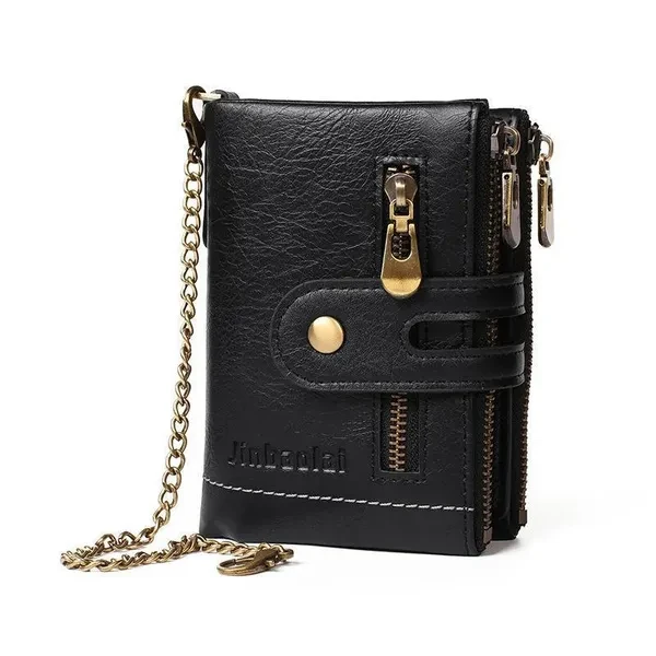Vintage Pu Leather Men Wallet Zipper Hasp Credit Card Holder Purse with Metal Chain