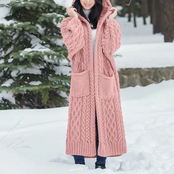 2019 New Women's Fashion Long Knit Coat Long Sleeves Solid Color Long Cardigan Coat Pocket Sweater Coat Long Hooded Cardigan Coat 5 Color Autumn Popular Loose Sweater Coat