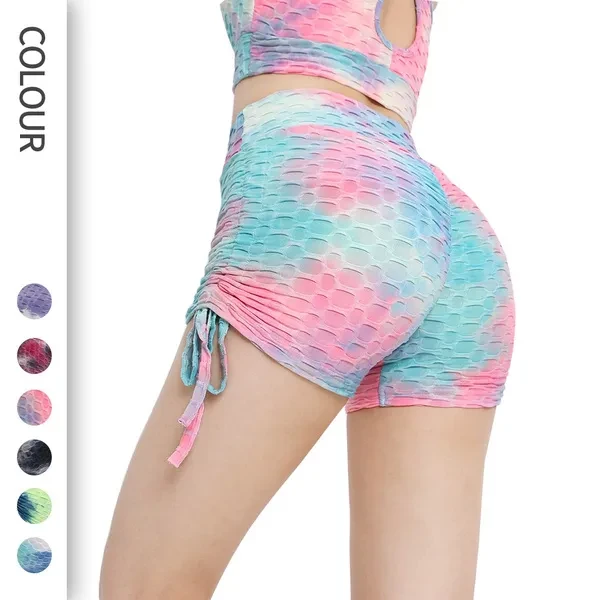 Tie-dyed Bubble Textured High Waist Yoga Shorts for Women Sportswear Gym Fitness Trainer Workout Running Yoga Shorts Pants Booty Lift Tiktok Shorts