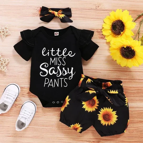 3PCS Toddler Baby Girl Outfits,Infant Short/Long Sleeve Ruffle Tops Romper Bodysuit and Sunflowers Print Shorts Pants Clothes with Headband