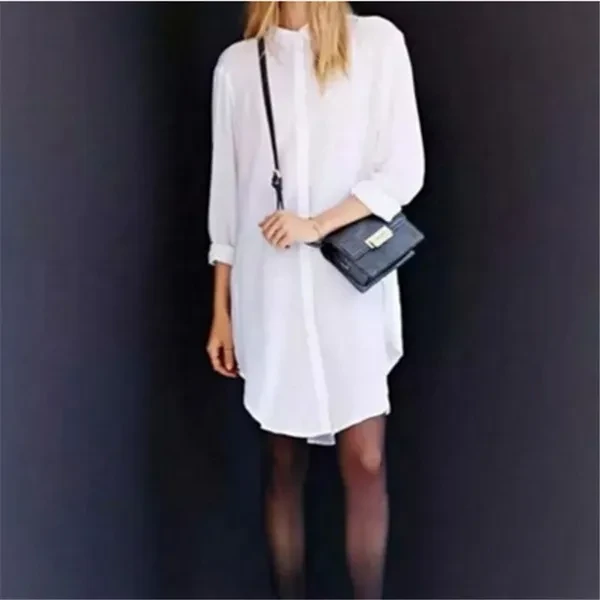 Spring Autumn Fashion Women Solid Long Shirt Dresses Turn Down Collar Long Sleeve Casual Loose Blouses