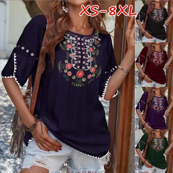 XS-8XL NEW Women's Fashion Summer Clothes Casual O-neck Short Sleeves Tops Ladies Retro Ethnic Style Floral Printed Blouses Loose T-shirts Plus Size Cotton Shirts Bohemian Casual Shirts Half Sleeves O