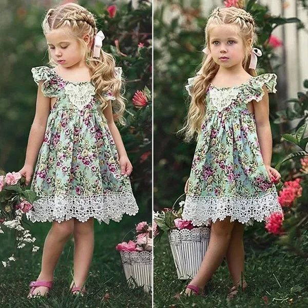 Summer Kids Girl Sleeveless Ruffle Lace Sleeve Floral Dress for 1-6 Years