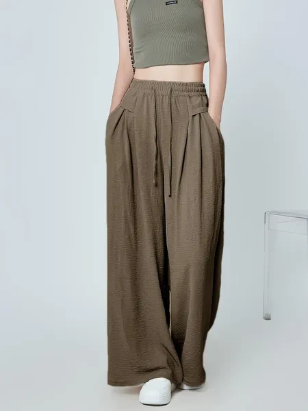 High Waist Slimming Nine-point Pants - Women's Solid Color Wide-leg Pleated Drawstring Pocket Long