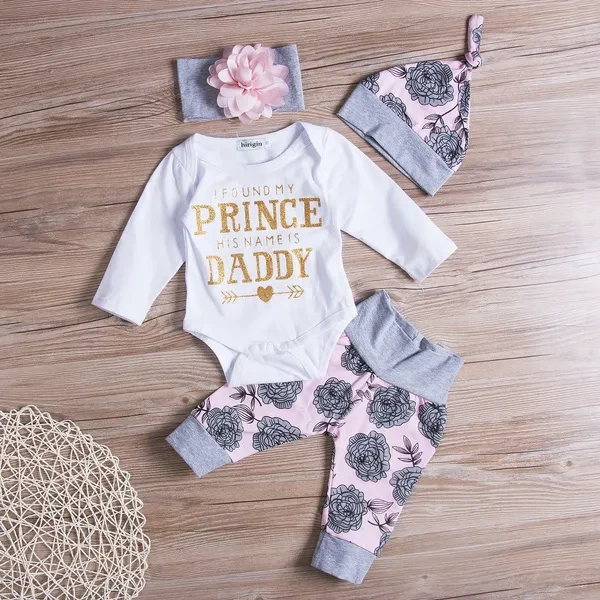 4Pcs Baby Girl Clothes Set Long Sleeve Romper +Long Pants+Headband+Hat
