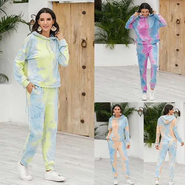 Women Tie Dye 2 Piece Outfit Drawstring Hoodie with Jogger Sweatpants Tracksuit YVO