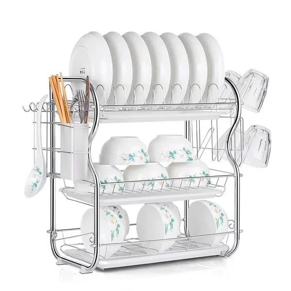 Dish Drying Rack 3-Tier Chrome Dish Drainer Rack Kitchen Storage with Drainboard and Cutlery Cup
