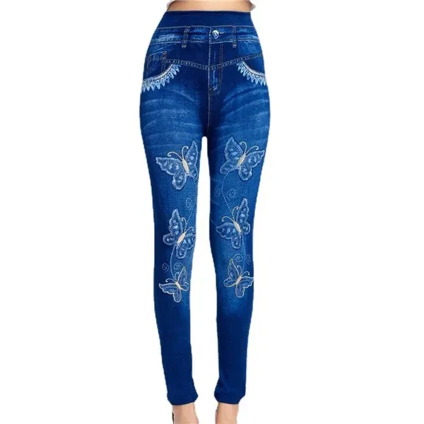 Women High Waist Jeans Leggings Butterfly Print Ankle Length Pants Super Stretchy Skinny Imitation Jeans Leggings